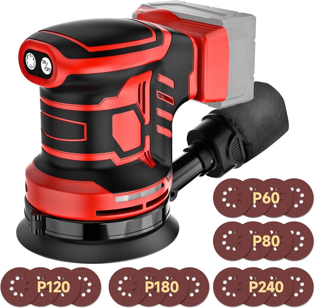 5-Inch Random Orbital Sander, Cordless Sanding Machine Compatible with Milwaukee 20V Battery(NO Battery), Brushless Electric Sander with Dust Collector (Dark Red)
