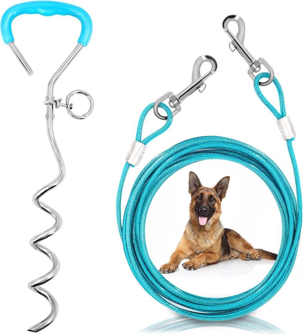Supet Dog Tie Out Cable and Stake, Heavy Duty Runner with 32/16/10 FT Lead, Long Leash/Tether for Camping Backyard Outdoor Ground, Chain for Medium Large Dogs up to 125lbs (Turquoise)