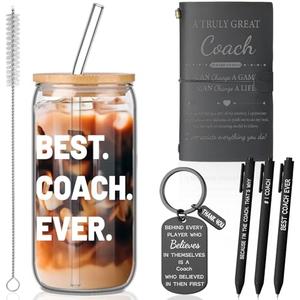 Reallnaive 6 Pcs Christmas Coach Gifts Bulk Set - Thank You Appreciation Gifts for Men Women Basketball Football Soccer Baseball Coach with Glass Cup, Leather Notebook, Pens, Keychain(Black)