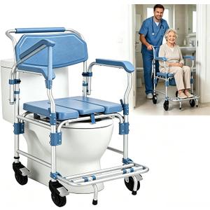 4-in-1 Bedside Commode with Wheels,Shower Wheelchair for Elderly & Disabled