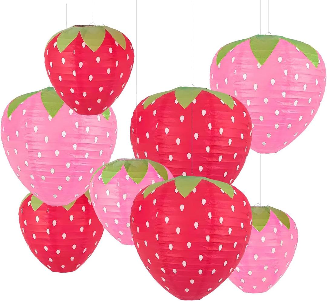 8 pcs Strawberry Paper Lanterns for Strawberry Themed Party Decor Girls Room Decorations Kids Birthday Party Supplies Red and Pink Fruit Hanging Ornaments