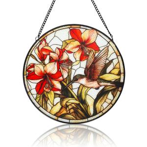 Hummingbird Suncatcher, 7.87" Stained Glass Window Hanging Panel, Sun Catchers Hand Painted Indoor Outdoor Home Wall Garden Decor, Gift for Bird Lovers