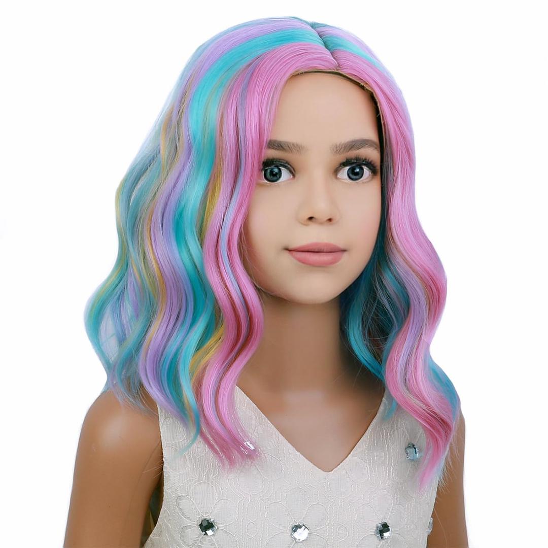 PATTNIUM Kids Child Rainbow Wig Short Wavy Colorful Wig Multicolor Wigs Girls Synthetic Cosplay Halloween Party Costume Wigs