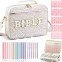 Quilted Bible Cover Case for Women 12 x 9 x 2.5 Inch Bible Chenille Letter Bag with Shoulder Strap Carrying Tabs 6 Colored Pens 12 Highlighters Christian Church Study Gifts(Pink,Floral,)