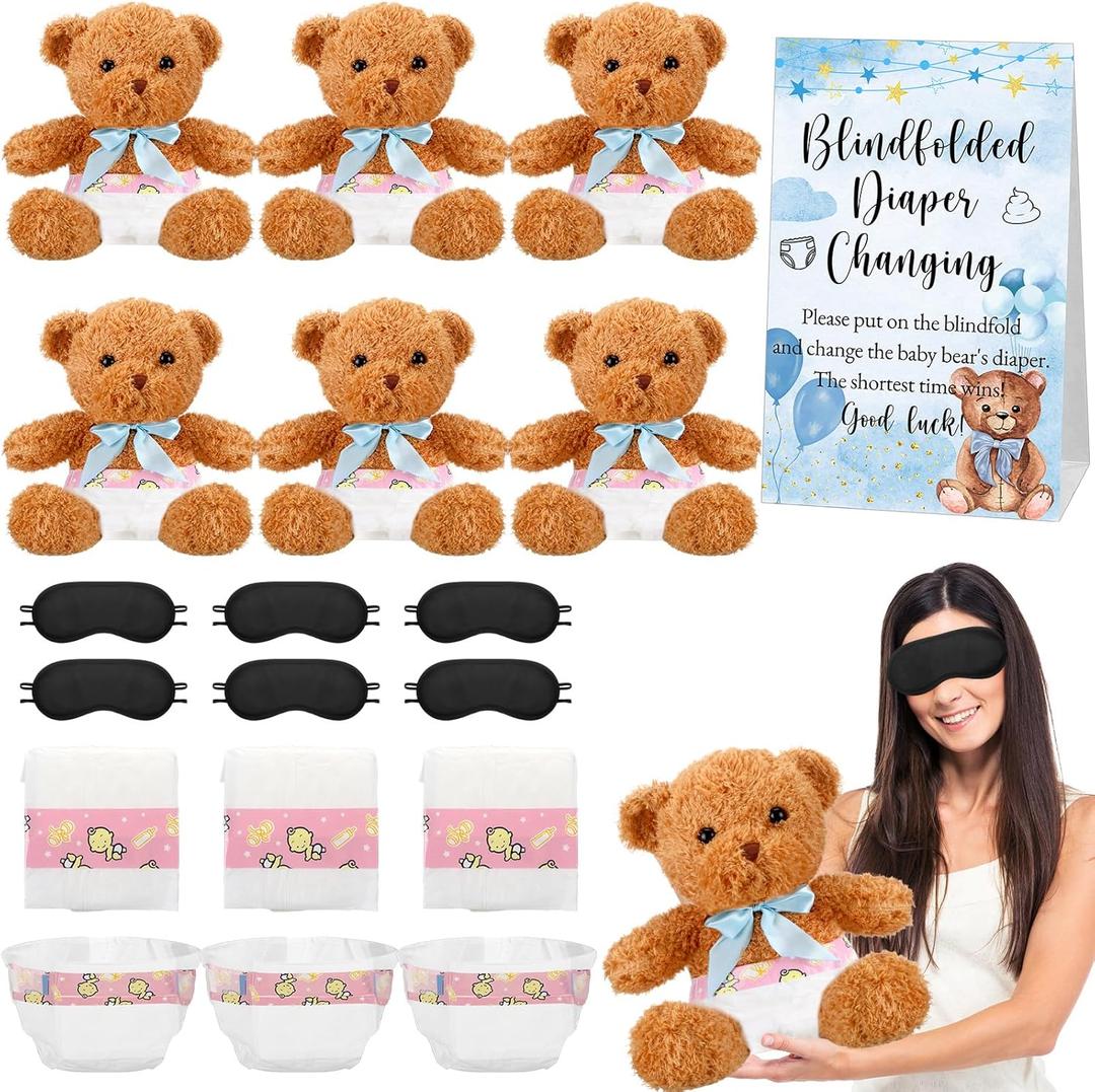 Simgoing 19 Piece Bear Themed Baby Shower Diaper Changing Game Supplies Include 12 inch Bear Dolls Blindfold Diapers Games Prizes for Adult Gender Reveal Raffle Party(Elegant,Blue)