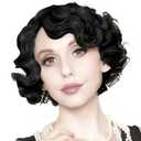 Kaneles Short Black Finger Wave Wigs for Women 1920s Side Part Natural Wig Synthetic Heat Resistant Hair Halloween Wig for Vintage Daily Party(Black)