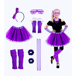 Joizomou Girls 80s Outfit Costume Accessories 7pcs 70s 1980s 90s Costumes with Purple Sparkle Tutu Neon Leg Warmers 80s Neon Scrunchies Gloves Necklace Glass for Cosplay Theme Party