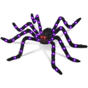 Halloween Decorations 4.9 FT Giant Spider 38LED Light up Black Hairy Scary Fake Spider with Red Lighted Eyes Battery Operated Party Haunted Yard House Indoor Outdoor Decor, Black