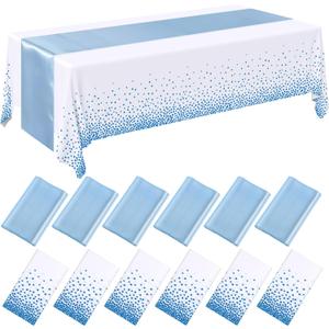 Tudomro 12 Pcs White and Light Blue Disposable Plastic Tablecloths and Satin Table Runner Set 54x108 Inch Tablecloth 12x108 Inch Table Runners for New Year Wedding Birthday Baby Shower Graduation