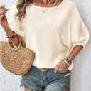 SOLY HUX Women's Summer Blouse Textured Bishop Half Sleeve Crewneck Dressy Casual Tops (Beige, L)