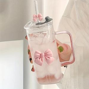 13Oz Square Glass Cups with Lids and StrawsHeat Resistant Glass Tumbler with Handle Bow Knot Transparent Drinking Glasses for Water,Juice,Iced Coffee,Milk,Tea (Pink)