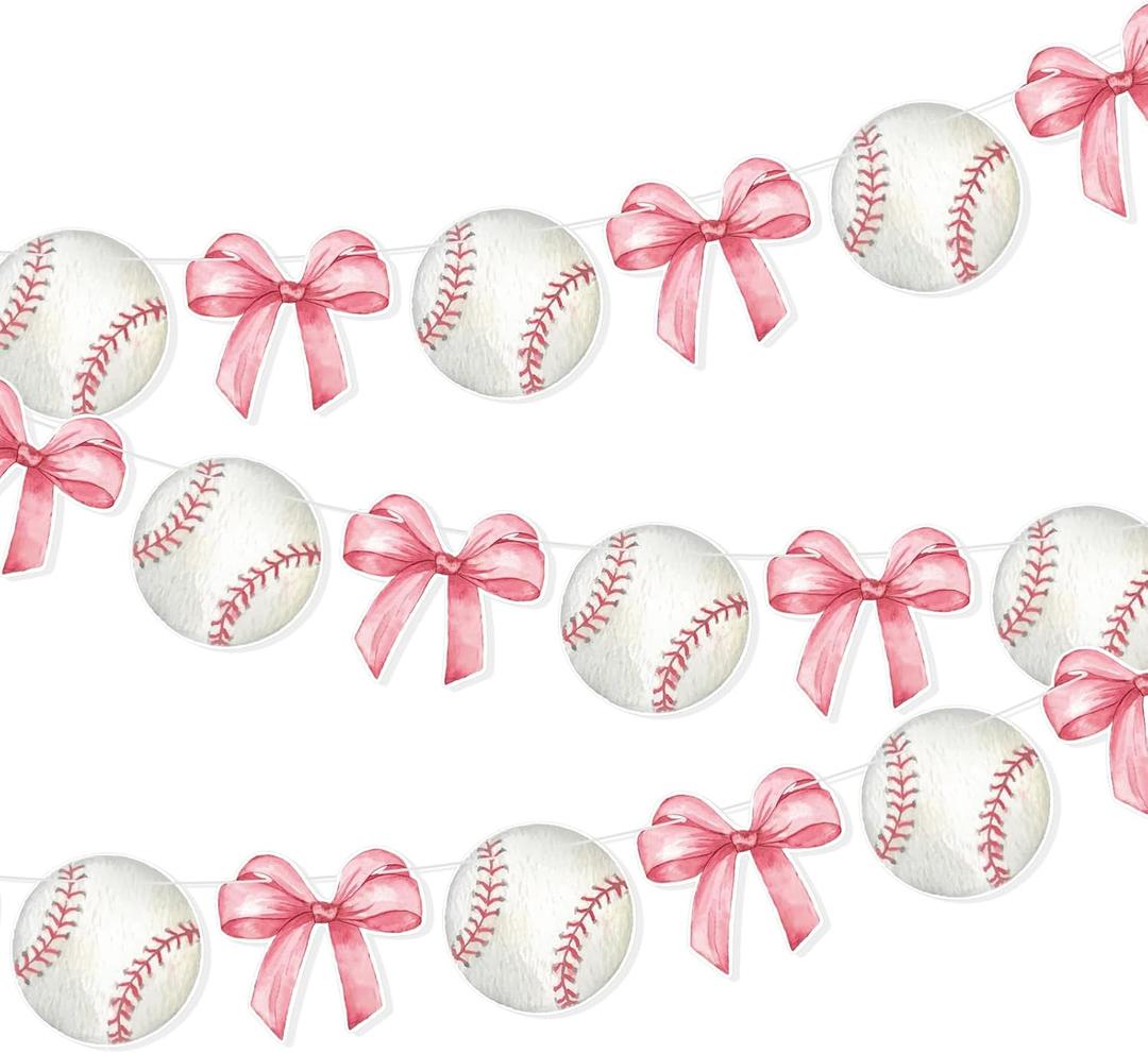 TaoBary 2 Pcs Pink Bow and Baseball Banner Baseball Paper Garland Party Decorations Sports Theme Hanging Decoration Paper Garland for Baby Shower/birthday Party Wall Decorations Photo Props