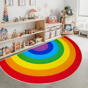 ABREEZE Rainbow Area Rug, 6.6'X13.3', Half Circle, Washable, Non-Slip Backing, Colorful Rainbow Floor Rug for Kids' Room & Nursery