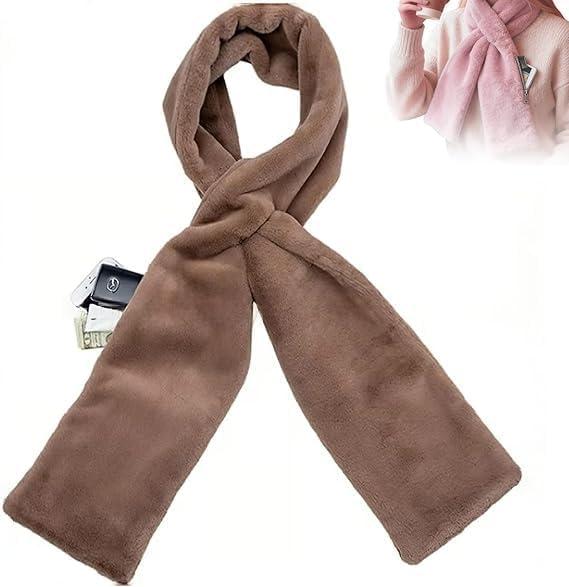 Faux-Fur Pull Through Scarf With Hidden Zipper Pocket for Women, Fur Neck Collar Scarf Cozy Wrap Secure Concealed Storage (Brown)