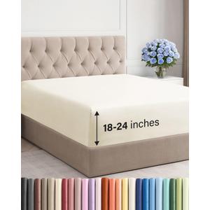 Extra Deep Queen Fitted Sheet - Hotel Luxury Single Fitted Sheet Only - Easily Fits 18 inch to 24 inch Mattress - Ultra Soft, Wrinkle & Fade Free w/Extra Deep Pockets - Breathable & Comfy - Off White