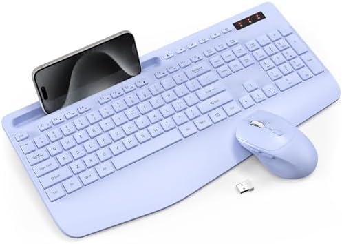 Wireless Keyboard and Mouse Combo - Full-Sized Ergonomic Keyboard with Wrist Rest, Phone Holder, Sleep Mode, Silent 2.4GHz Cordless Keyboard Mouse Combo for Laptop, Computer, PC, Mac, Windows -Trueque