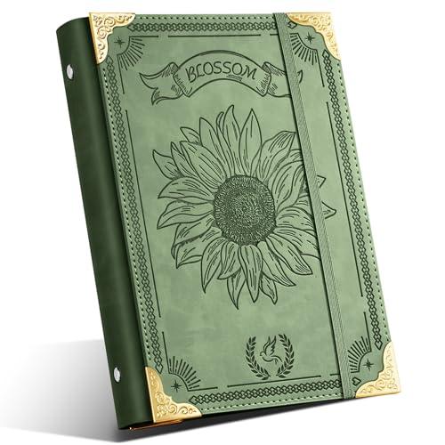 Ovesmusl Sunflower PU Leather A5 Binder 6 Ring Refillable Journal Cover No Inserts A5 Planner Binder Loose Leaf Binder for Notebook 5.7”x8.3” with Elastic Closure, Green