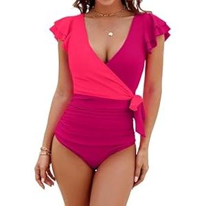 Blooming Jelly Women's Tummy Control Swimsuits Slimming One Piece Bathing Suit Ruffle Wrap V Neck Swimwear  (Fuchsia, Medium)