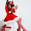 Geyoga Women's Santa Claus Costume Set Velvet Dress with Belt Women's Xmas Striped Tights Santa Hat Set Dress Cosplay (Red, Large