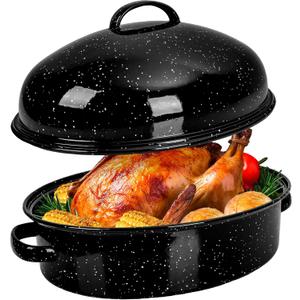 Roasting Pan with Lid & Rack 18 Inch Extra Large Deep Oven Baking Pot, Enamel Granite NonStick Oval Carbon Steel Potato Roaster Pot for Turkey Chicken Ham Steak NonToxic Perfect for Christmas Gift