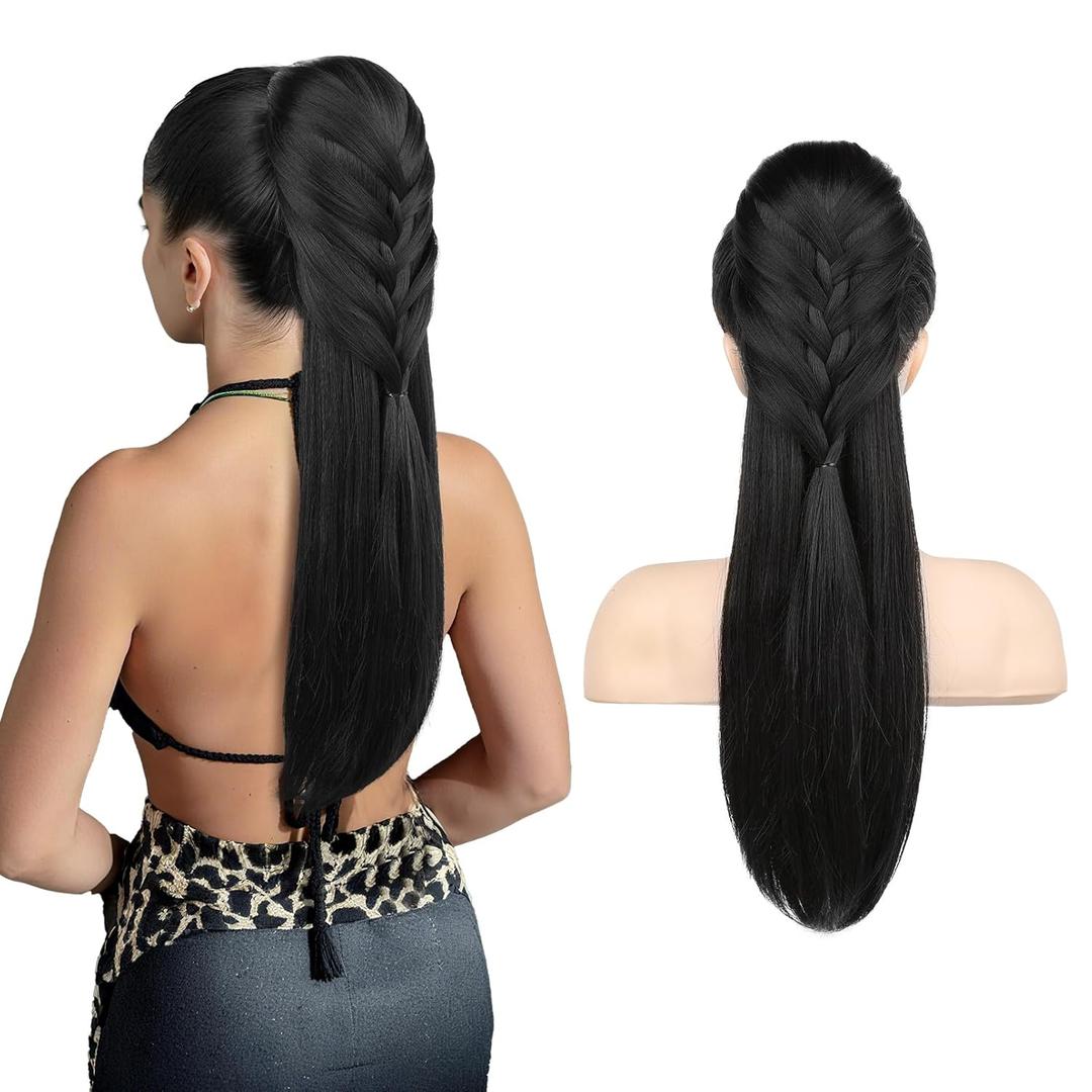 HOOJIH Ponytail Extension, 20 Inch Long Braid Black Drawstring Clip in on Ponytail Hair Extensions Synthetic Hairpiece for Women - Black