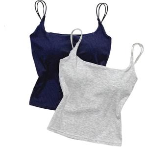 WDIRARA Women's 2 Pack Cami Top Backless Spaghetti Strap Rib Knit Padded Camisole Crop Tops (Large, Blue and White)