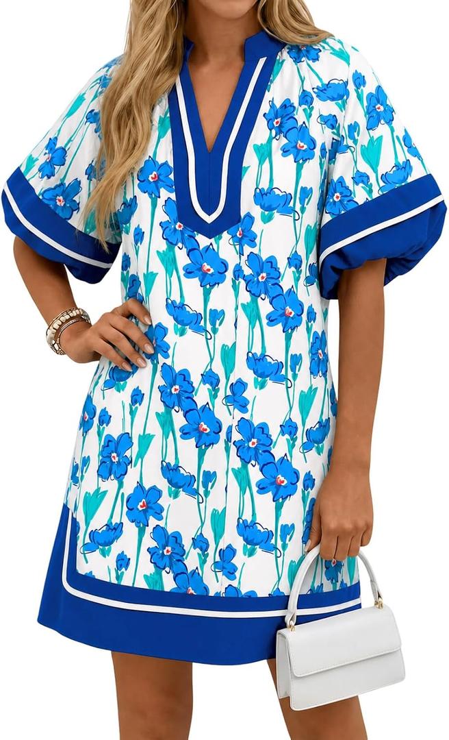 Wenrine Womens Summer Puff Sleeve Casual V Neck Mini Boho Floral Dresses (Blue)
