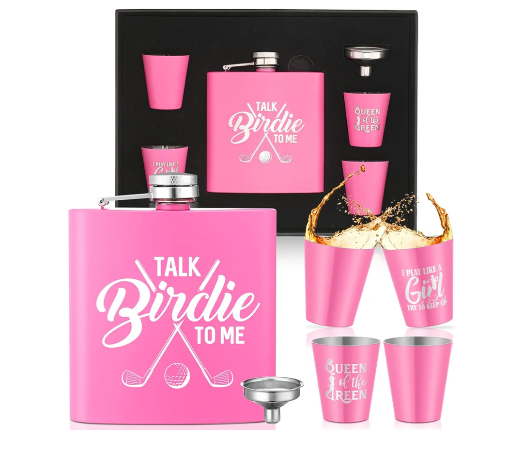 Realspring 6 Pcs Golf Gift Set for Women 6oz Golf Bottle with 4 Stainless Steel Glasses 1 Funnel for Golfers Funny Golfer Accessories for Women Mom Mother Day Birthday Gift