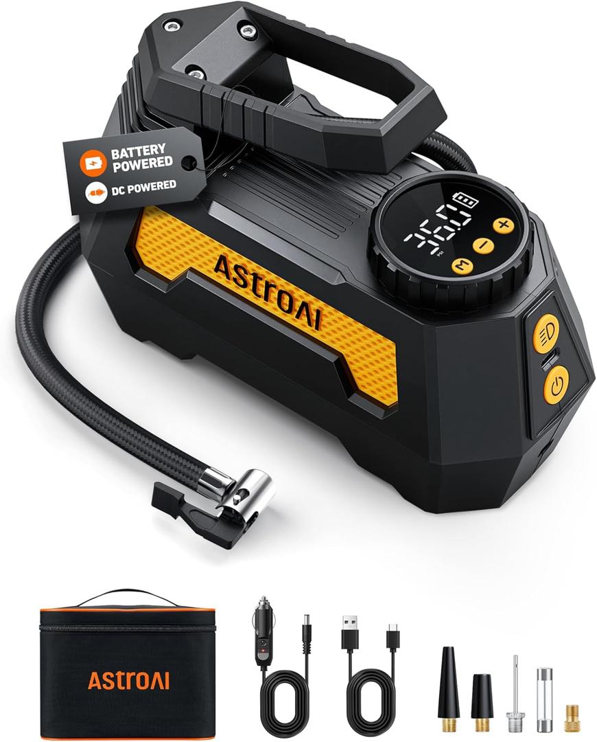 AstroAI H2 Pro Cordless Tire Inflator Portable Air Compressor Tire Pump with DC 12V & Battery Dual Power Supply Digital Pressure Gauge Fast Inflation Air Pump for Car Tires Motorcycles Bikes Yellow