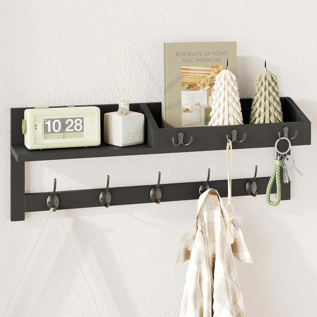 AMBIRD Wall Hooks with Shelf 26.57inch Entryway Wall Hanging Shelf Wood Coat Hooks for Wall Coat Rack Wall Mount Rack with 5 Dual Hooks 3 Key Hooks Mail Organizer and Key Rack Key Holder (Black) (26.57" L, Black)