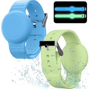 Waterproof Bracelet Compatible with Airtag (1st & 2nd Gen) for Kid, 2 Pack Soft Silicone Hidden Wristband, Lightweight Watch Band Compatible with Apple Air Tag for Child, Grow in Dark Blue & Green