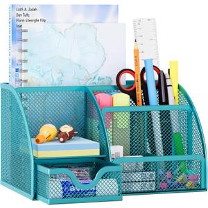 EasyPAG Mesh Desk Organizer with Drawer Multi-Functional Pen Holder Stationery Organizer for Office School Supplies 6 Compartments Dorm Organizers and Storage for Desk, Blue