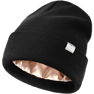 YANIBEST Satin Lined Beanie for Women Reduce Frizz Winter Hats for Women Men Silk Lining Soft Slouchy Warm Cuffed Less Static (One Size, Aa-black)