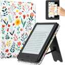 CoBak Case with Stand for 6" Kindle (2024 & 2022, 11th Gen)  PU Leather Smart Cover with Auto Sleep/Wake & Hand Strap, Premium Protective Case for Kindle Basic, Floral (Green Oasis)