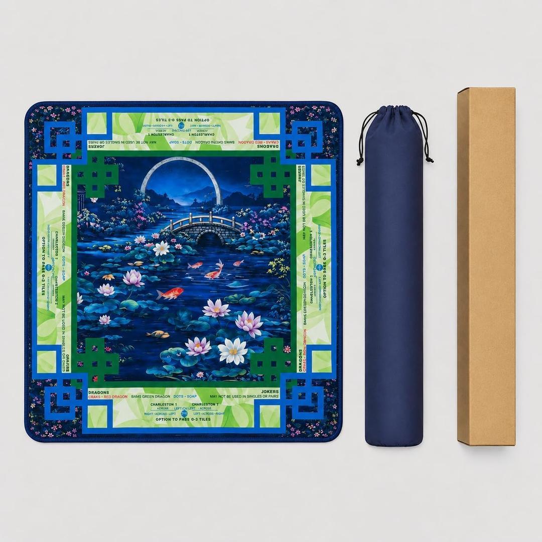 American Mahjong Mat with Rules, 22 x 22 Inch Chinoiserie Koi Pond Mahjong Table Cover, Non-Slip Rubber Game Mat with Carrying Bag