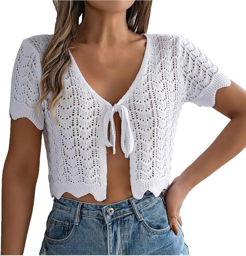 Crochet Shrug Sweater Short Sleeve Tie Front Cropped Cardigan Lightweight Summer Cover Shawl Tops