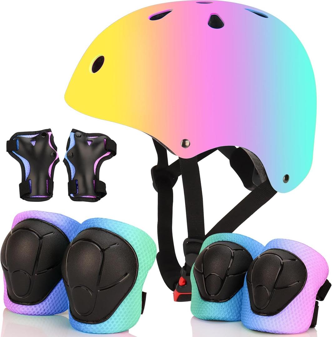 Color Gradient Adjustable Bike Helmet with Knee and Elbow Pads - Kids Toddler Boys and Girls Skateboard Helmet for Ages 3-14 | Ideal for Riding, Scooters, Inline Skating, Longboarding, Roller Skating (Yellow pink blue)