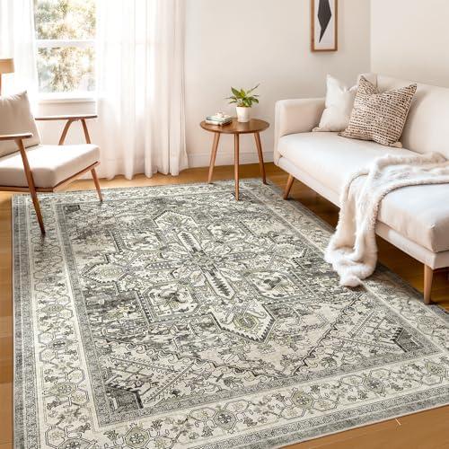 WITSHOCK Living Room Area Rugs 5x7: Washable Rug Boho Soft Non-Slip Low Pile Stain Resistant Foldable Carpet for Bedroom Playroom Dining Room Office Kitchen Farmhouse Home Decor Rug-Brown/Lvory