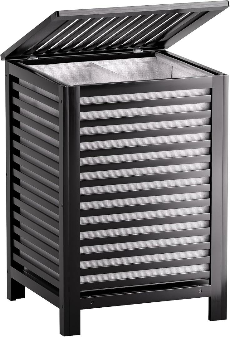 SMIBUY Double Laundry Hamper with Lid, 120L Bamboo Laundry Basket with Removable Liner Bag, 2-Section Clothes Divider Laundry Sorter for Laundry Room, Bathroom, Bedroom (Black), Large