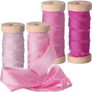 Frayed Chiffon Ribbon for Craft, Christmas Silk Satin Ribbons 1/2-1/4 Inch x 20 Yard Handmade Fabric Strips with Wooden Spool for Wedding Gift Wrapping(Pink)