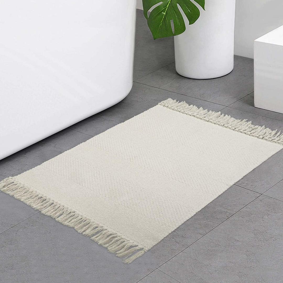 Collive Small Bathroom Rug, 2' x 3' Hand-Woven Low Profile Front Entryway Rug, White/Beige Cotton Reversible Washable Kitchen Mat Modern Farmhouse Carpet for Foyer Bedroom Back Door Decor