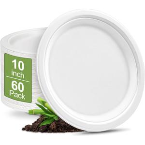 Compostable 10 Inch Disposable Paper Plates [60 Pack] - Heavy Duty Eco-Friendly Sugarcane Fiber Plates for Parties, Weddings, Camping, White Large Biodegradable Sturdy Soak-proof