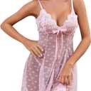 Women's Sexy lingerie Sheer Heart Print Lace Babydoll Nightgown Black (Pink, XL)