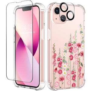 GVIEWIN for iPhone 13 Case Floral, with Screen Protector&Camera Lens Protector,[Non Yellowing] Soft Shockproof Clear Phone Protective Cover for Women, Flower Pattern Design 6.1"(Alcea/Red)