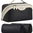 BOYATU Travel Makeup Bag Organizer Cosmetic Bag: 3 Pcs Set Make up Bags for Women with Handle - Waterproof Vegan Leather Toiletry Bags with Comparments (D-03-Black)