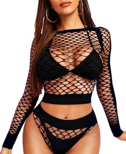 RSLOVE Women Sexy Mesh Lingerie Fishnet Babydoll Free Size Bodysuit See Through Shirts Long Sleeve