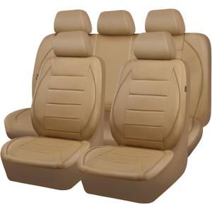 CAR PASS Piping Leather Seat Cover,Universal FIT with Composite Sponge Inside,Airbag Compatible and Reserved Opening Holes,Inside zipper for Cars,Sedan,SUV,Truck(Full Set,Beige with Tan Piping-Stripe)