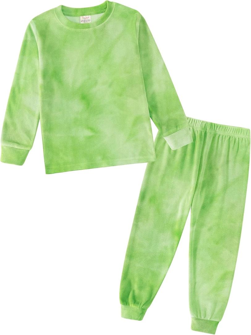 Jimonda Soft Pajamas Kid Boys/Girls Clothes long sleeve 2pc Tee/Pants Pjs Set Toddler tie dye Fluff Sleepwear Outfits 2T-14Y (9-10 Years, Green)