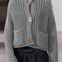 Saodimallsu Womens Button Up Sweaters Fall Chunky Knit Cropped Trendy Crewneck Loose Cardigan with Pockets (X-Large, Grey)