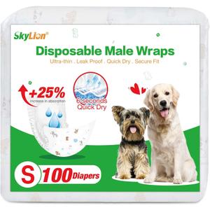Dog Diapers Male Disposable Super Absorbent, 100 Count, Male Dog Wraps Leak Proof, Ultra Dry & Breathable, Small